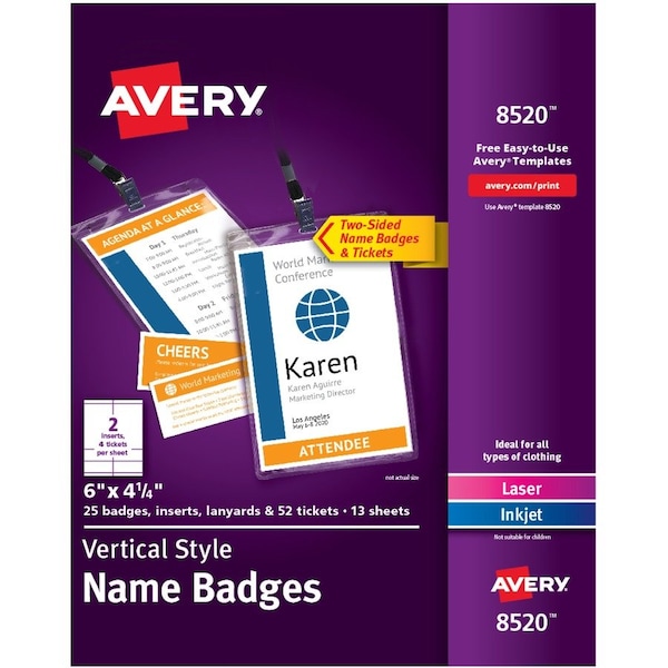 Avery Name Badge Kit w/Badges/Lanyards/Tickets, 25/PK, WE/CL/BK 25PK AVE8520 - main
